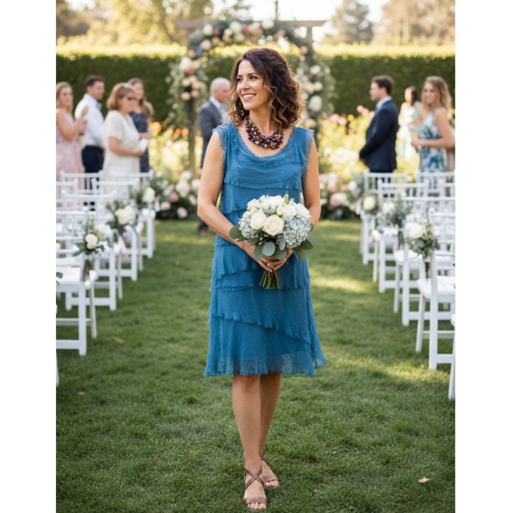 NWT Meo Meli Boho Blue Chiffon Layered Ruffle Tier Pullover Sleeveless Dress M